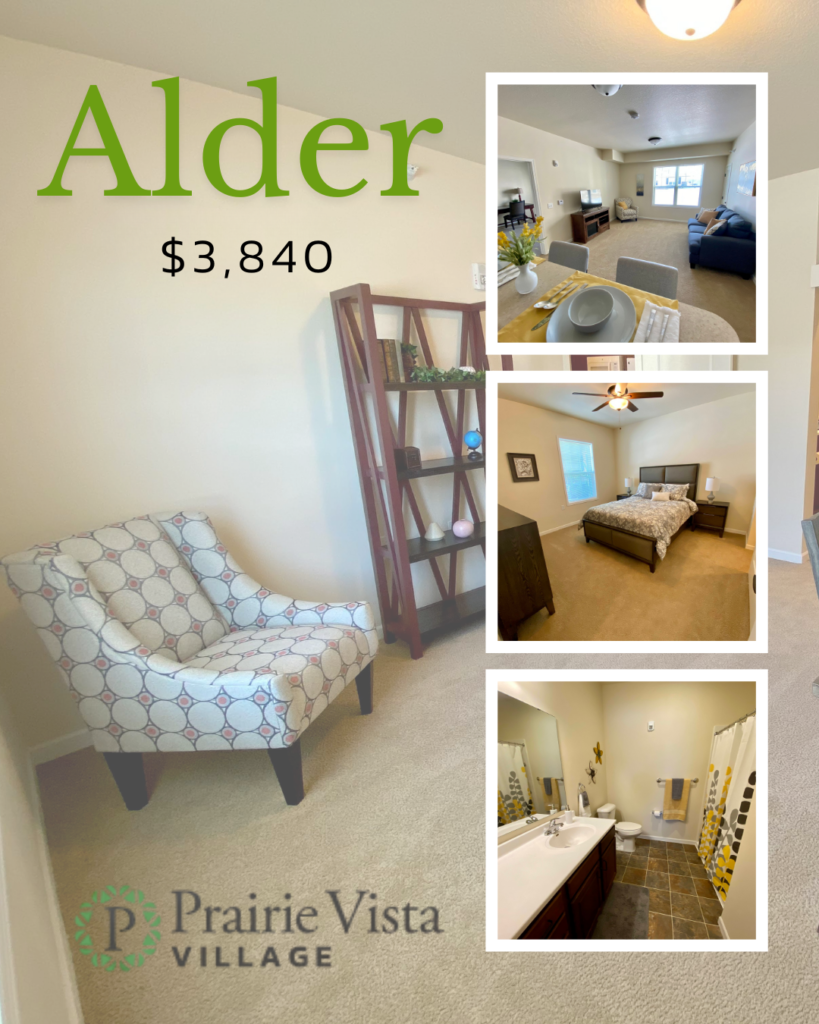 Alder apartment interior showcasing a cozy living area with patterned chair, bedroom with bed and nightstand, and bathroom with modern fixtures; features Prairie Vista Village branding and pricing of ,840.