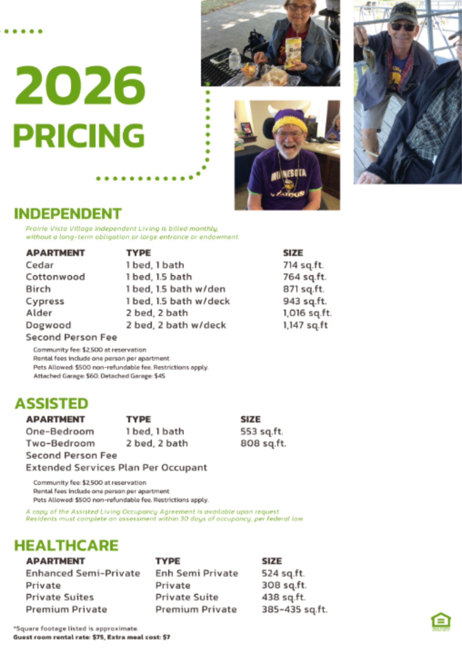 2026 pricing sheet for Prairie Vista Village, featuring independent living and assisted living options, with images of residents enjoying meals and activities.